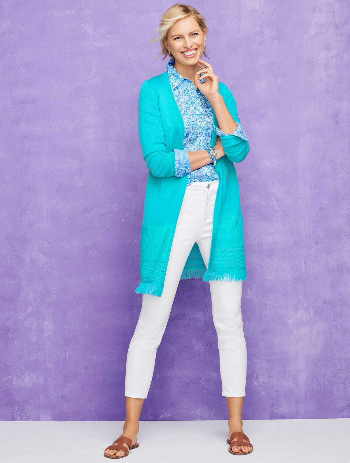 Talbots TEXTURED FRINGE OPEN FRONT CARDIGAN