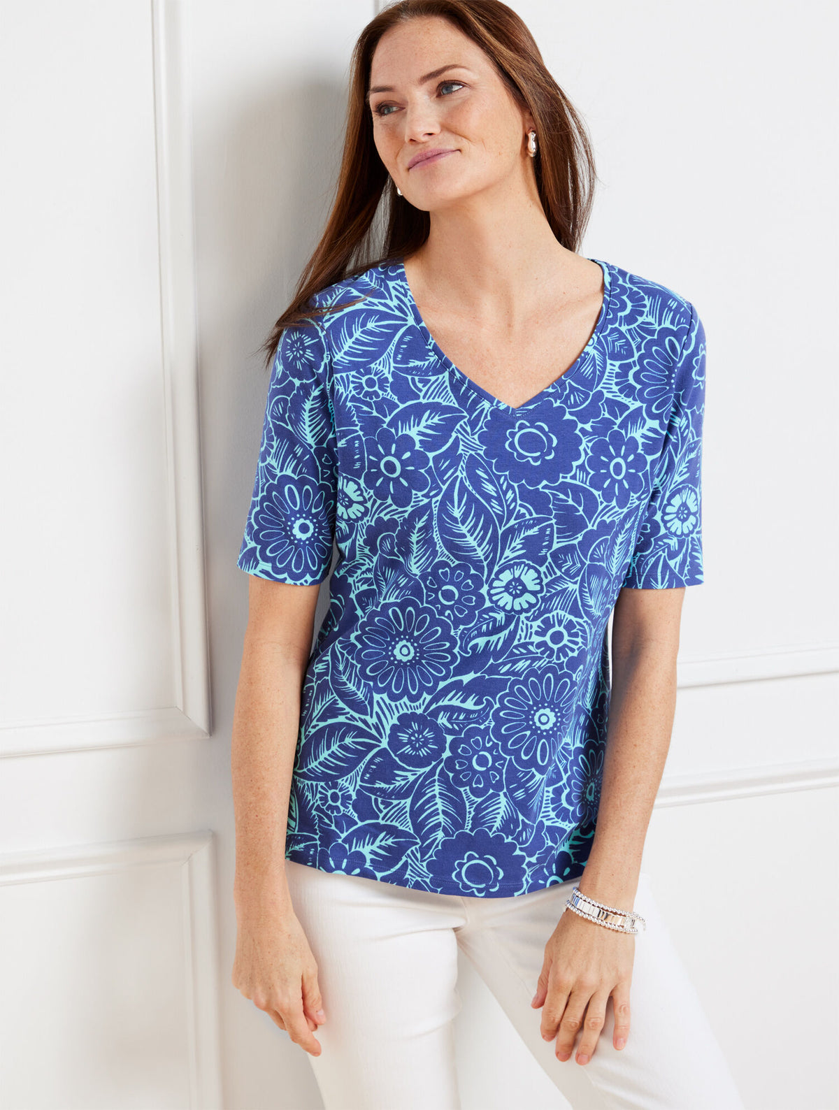 Talbots V-NECK TEE - LEAFY TROPICAL