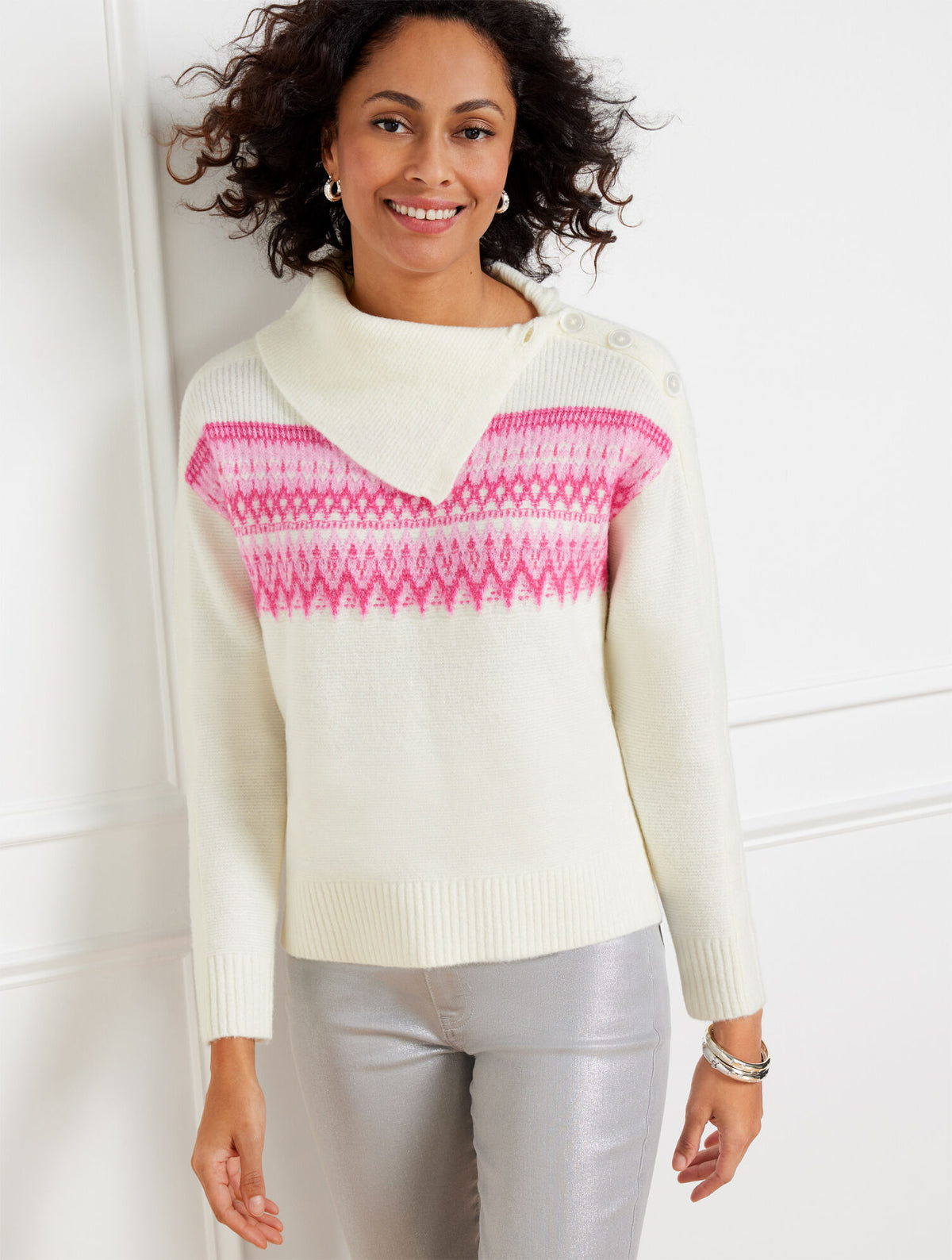 Talbots SPLIT NECK SWEATER - WHIMSICAL FAIR ISLE