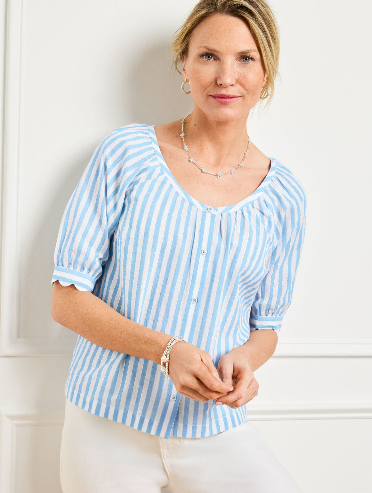 Talbots METALLIC BUTTON FRONT TOP - DELIGHTFUL STRIPE