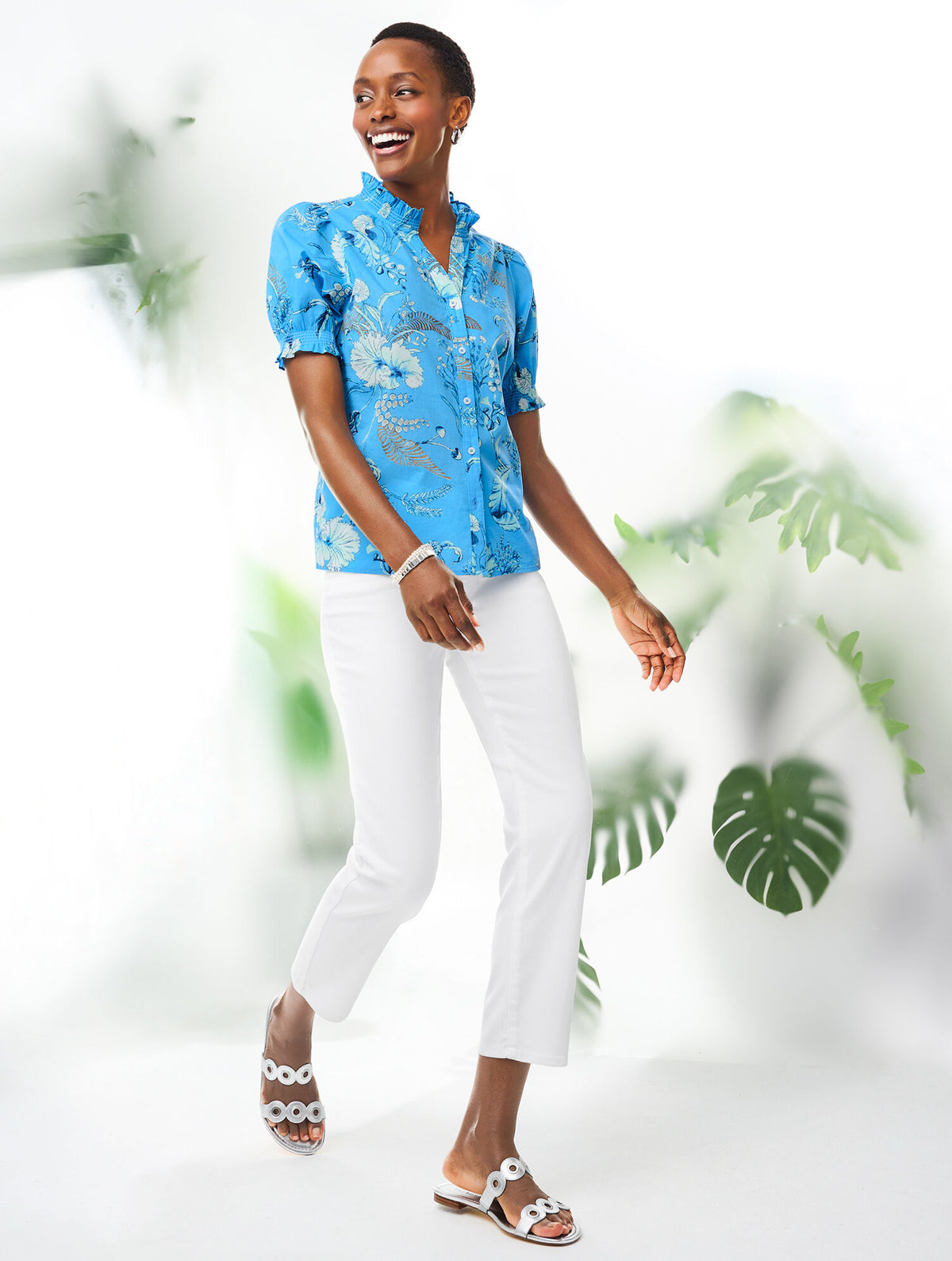Talbots SMOCKED SLEEVE TOP - LEAFY GARDEN