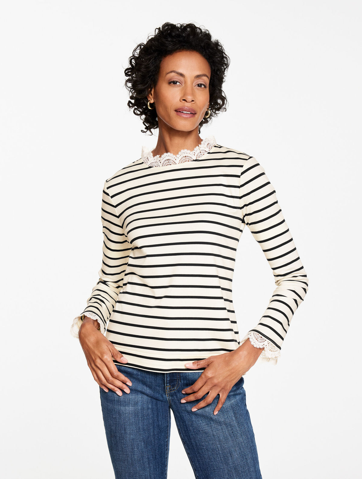 Talbots LACE TRIM CREWNECK TEE - SAYBROOK STRIPE