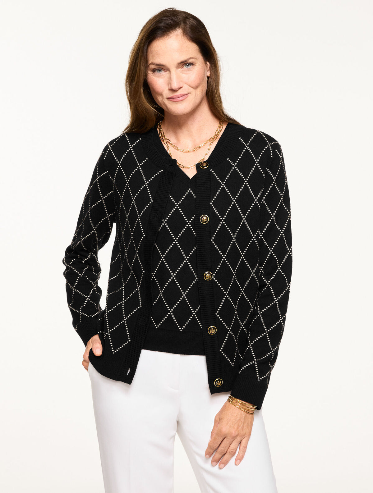Talbots CREWNECK CARDIGAN - BIAS PLAID