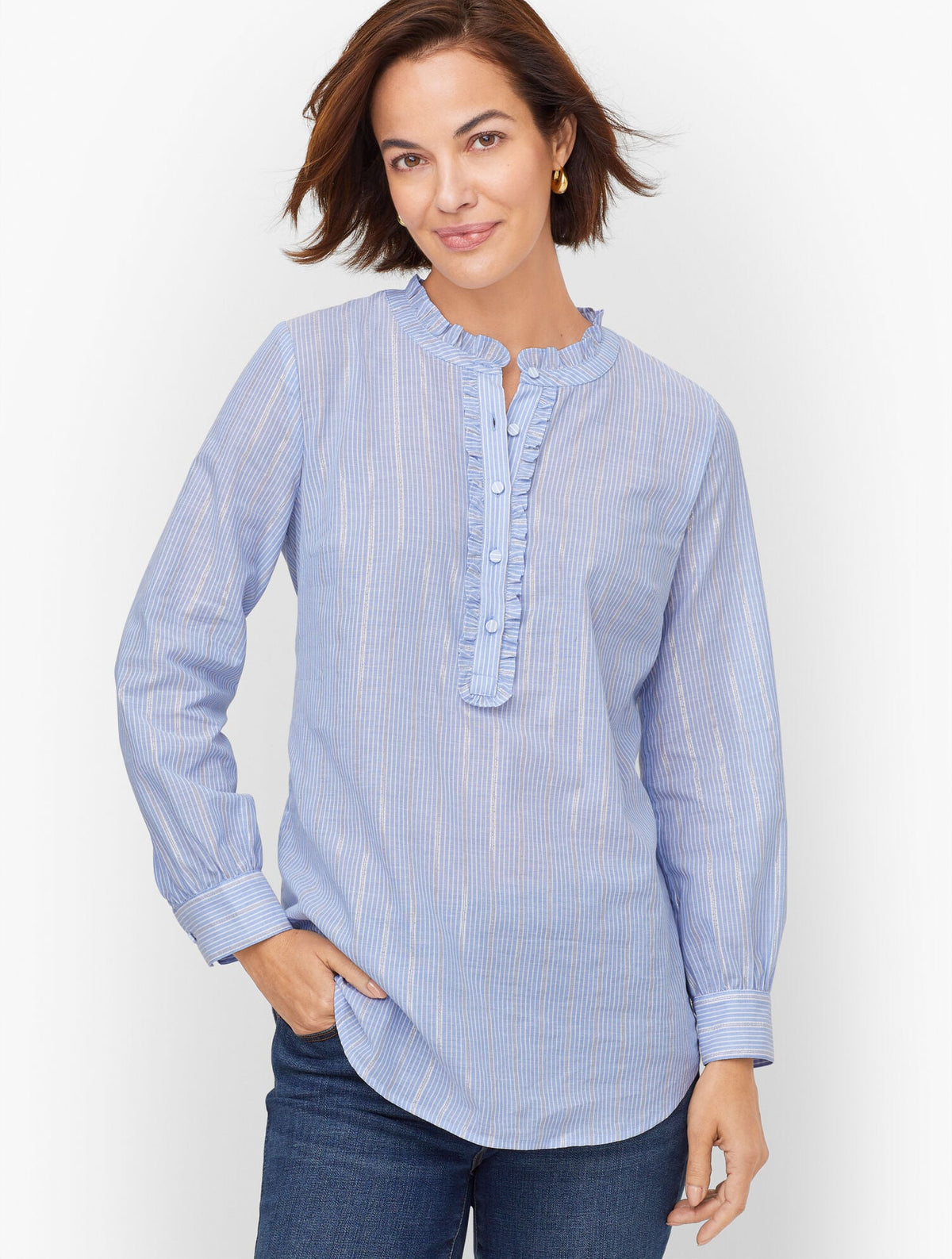 Talbots FOREST STRIPE RUFFLE POPOVER