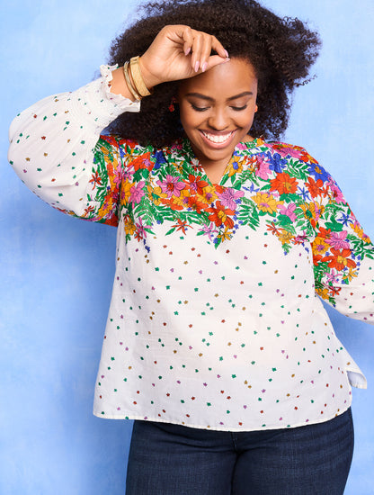 Talbots BLISSFUL FLORAL SMOCKED CUFF BLOUSE