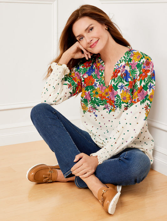 Talbots BLISSFUL FLORAL SMOCKED CUFF BLOUSE