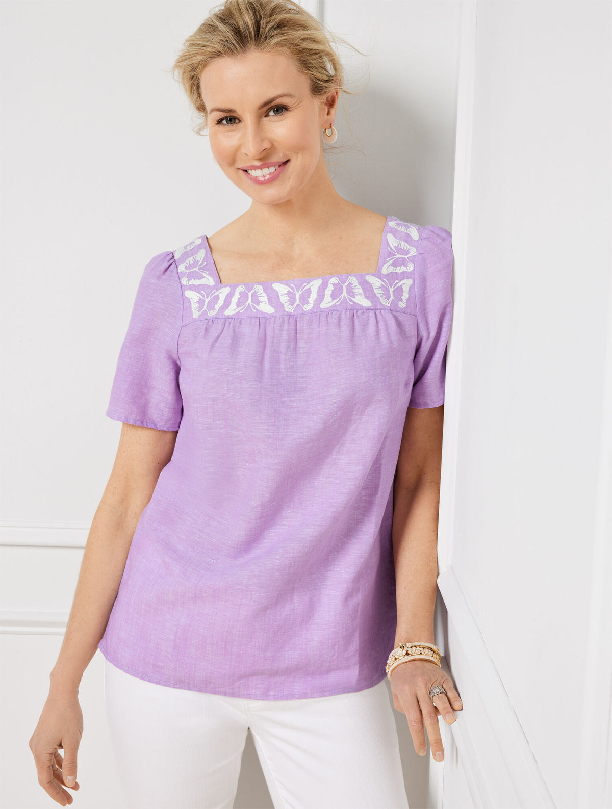 Talbots BUTTERFLY EMBROIDERED LINEN COTTON SQUARE NECK TOP - CROSS DYE