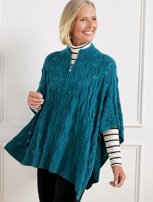 Talbots CABLE KNIT PONCHO - TEAL OCEAN TWEED