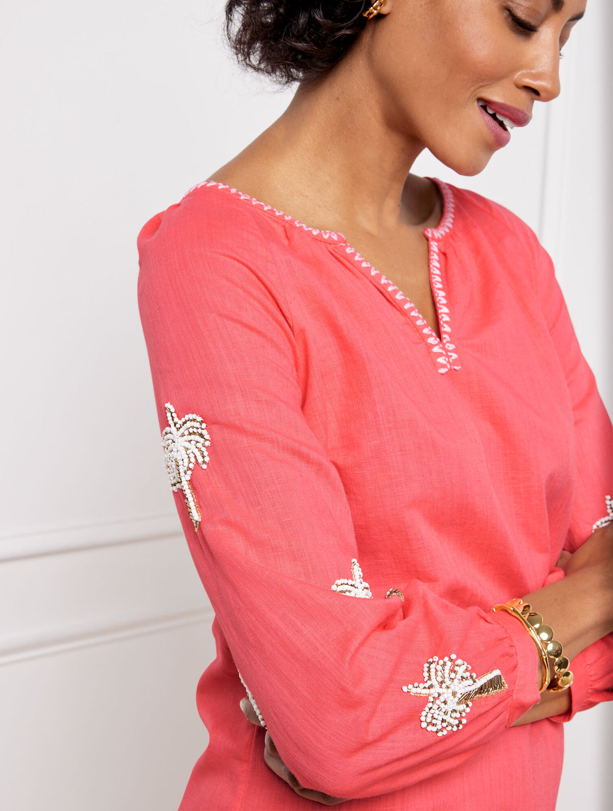 Talbots LINEN COTTON SHIFT DRESS - EMBROIDERED PALM