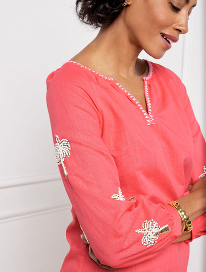 Talbots LINEN COTTON SHIFT DRESS - EMBROIDERED PALM