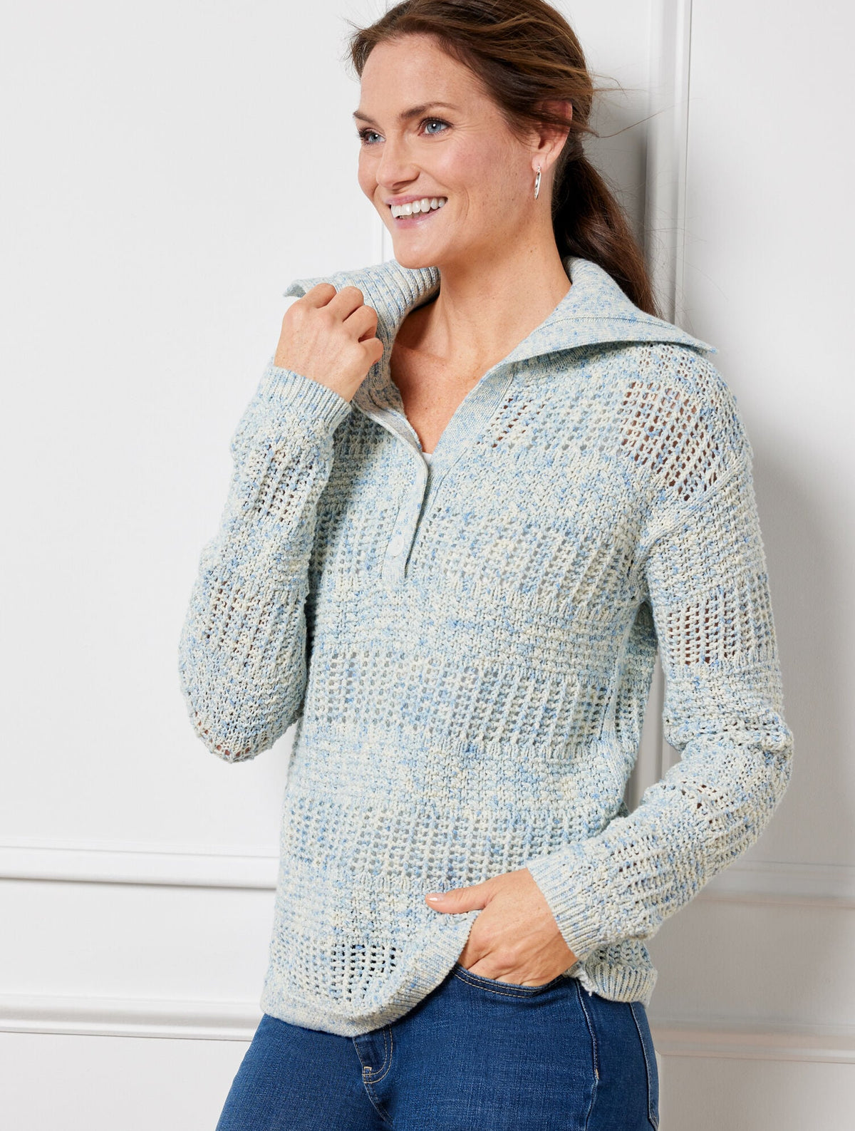 Talbots OPEN STITCH SAILOR COLLAR SWEATER - SPRAY TAPE