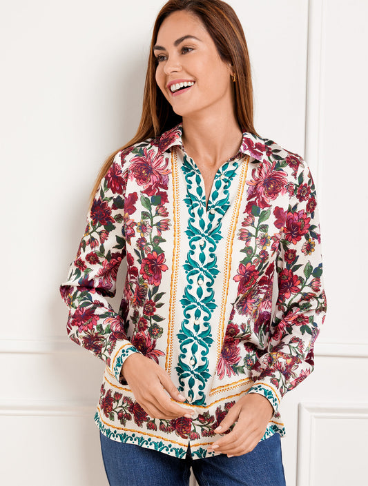 Talbots SOFT SATIN CHARMEUSE BUTTON FRONT SHIRT - STUNNING FLORAL