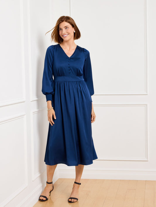 Talbots SOFT SATIN CHARMEUSE SMOCKED MIDI DRESS