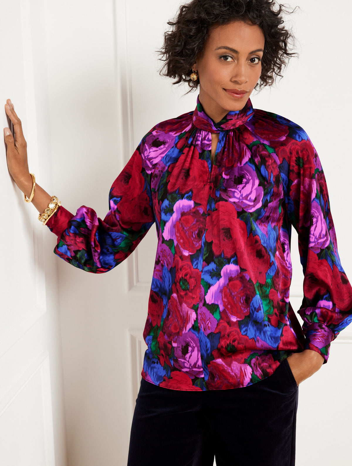 Talbots TWIST NECK SOFT SATIN CHARMEUSE TOP - WRAPPED FLORAL