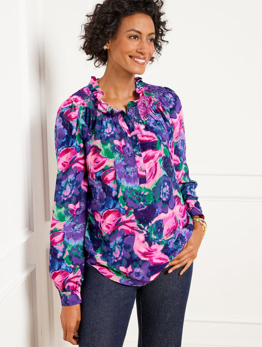 Talbots SMOCKED RUFFLE NECK TOP - DELICATE FLORAL