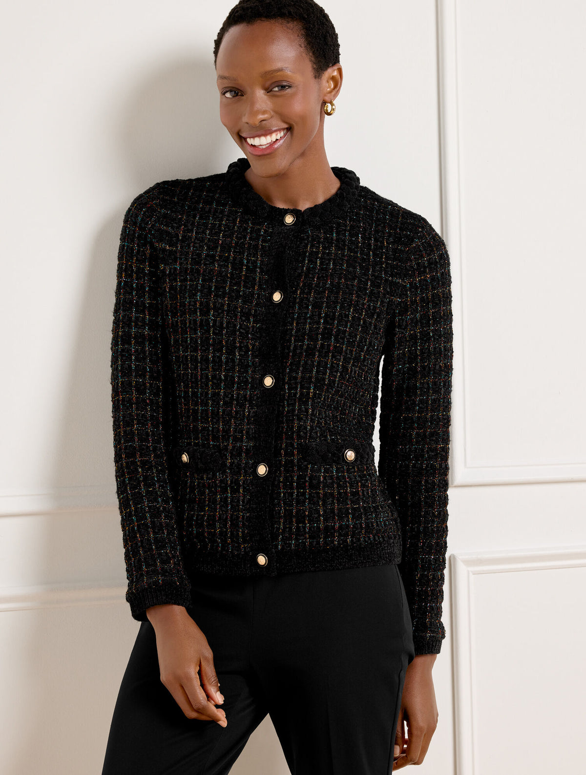 Talbots CHENILLE CREWNECK CARDIGAN - METALLIC PLAID