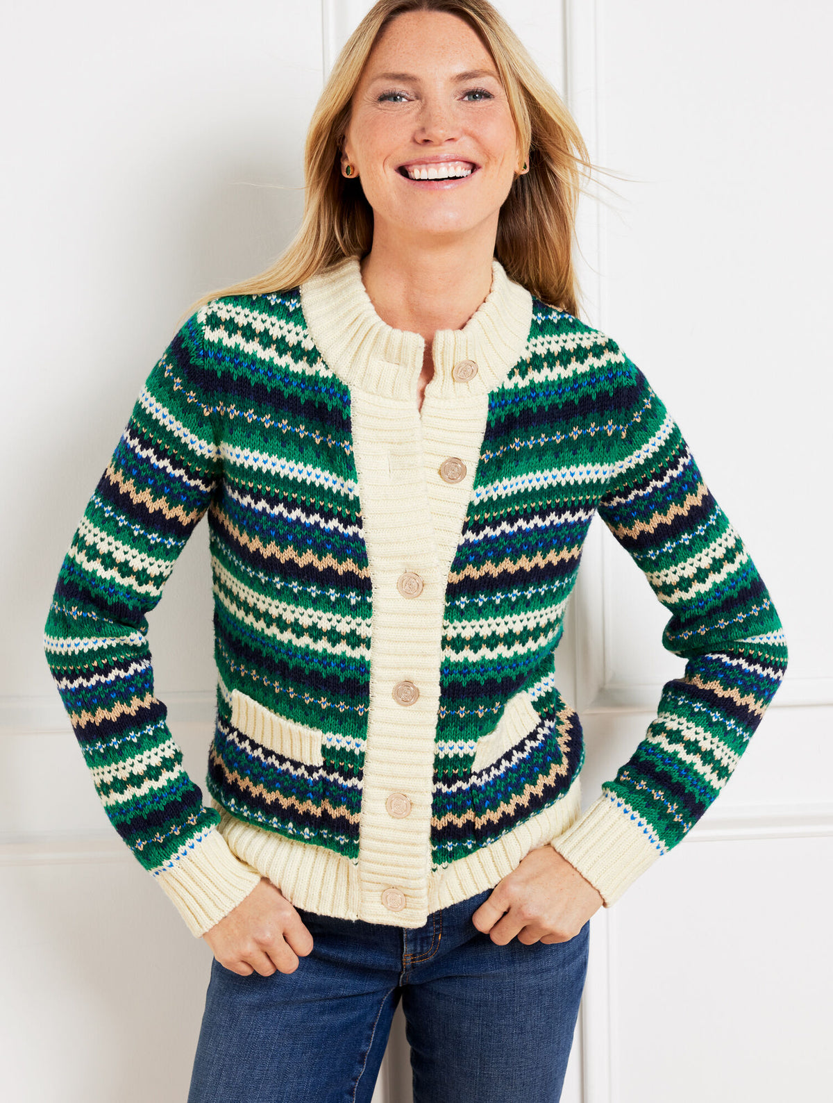 Talbots METALLIC MOCKNECK SWEATER JACKET - CADET FAIR ISLE