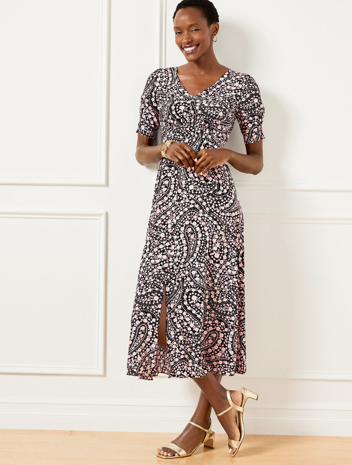 Talbots SMOCKED SLEEVE MIDI DRESS - FLORAL PAISLEY