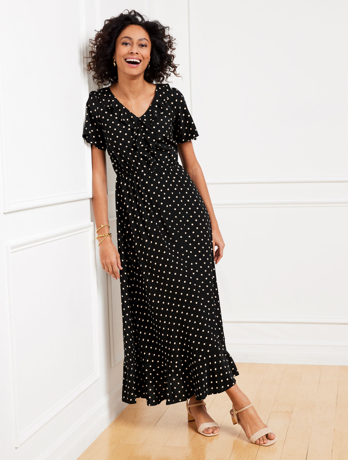 Talbots RUFFLE NECK FIT & FLARE DRESS - DAISY DOT