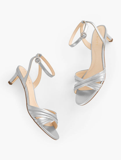 Talbots TALLIA PLEATED METALLIC NAPPA ANKLE STRAP HEEL SANDALS