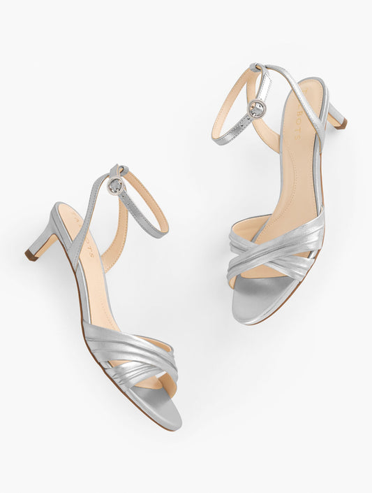 Talbots TALLIA PLEATED METALLIC NAPPA ANKLE STRAP HEEL SANDALS