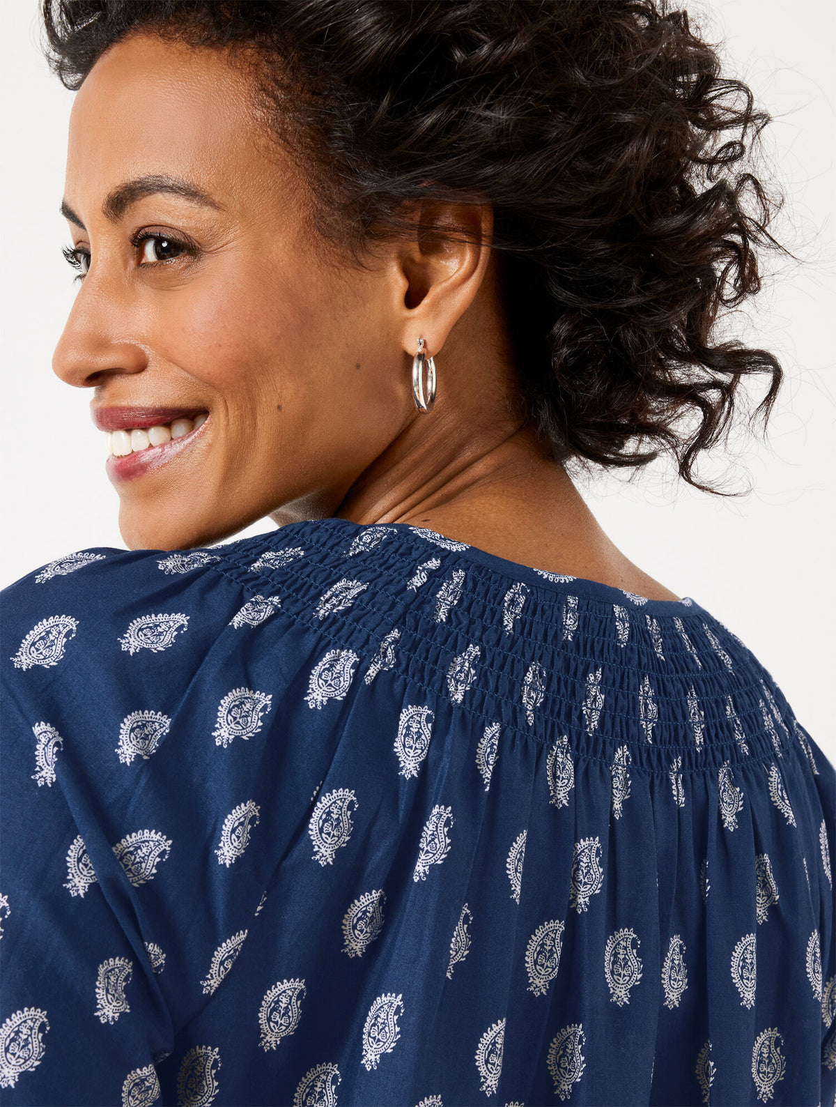 Talbots SMOCKED NECK TOP - SERENE PAISLEY