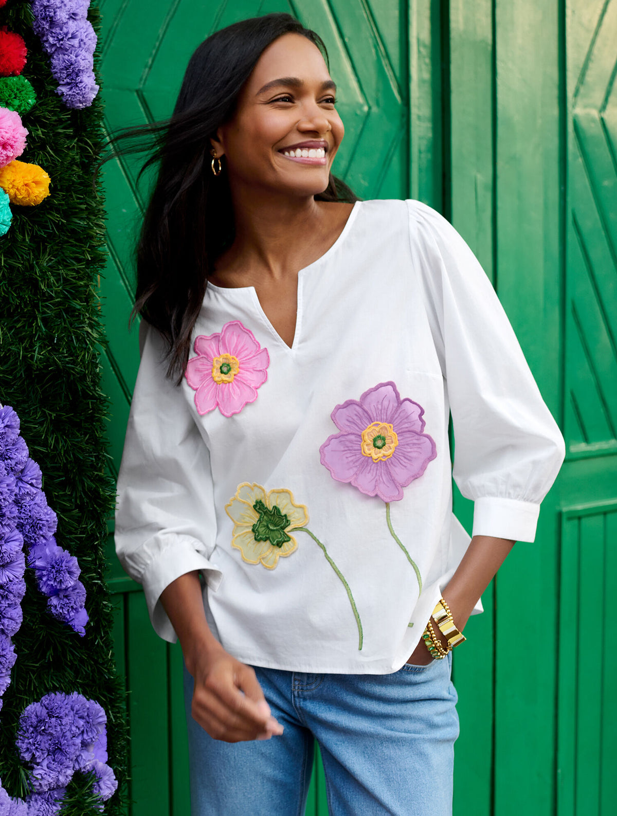 Talbots FLORAL EMBROIDERED POPLIN TOP
