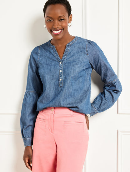 Talbots LANTERN SLEEVE SHORT DENIM TOP - KINNEY WASH