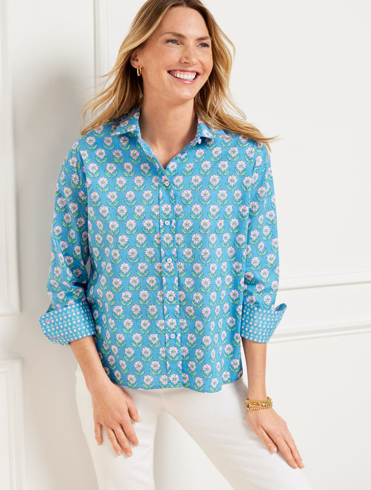 Talbots POPLIN SHORT SHIRT - WOODBLOCK BUD