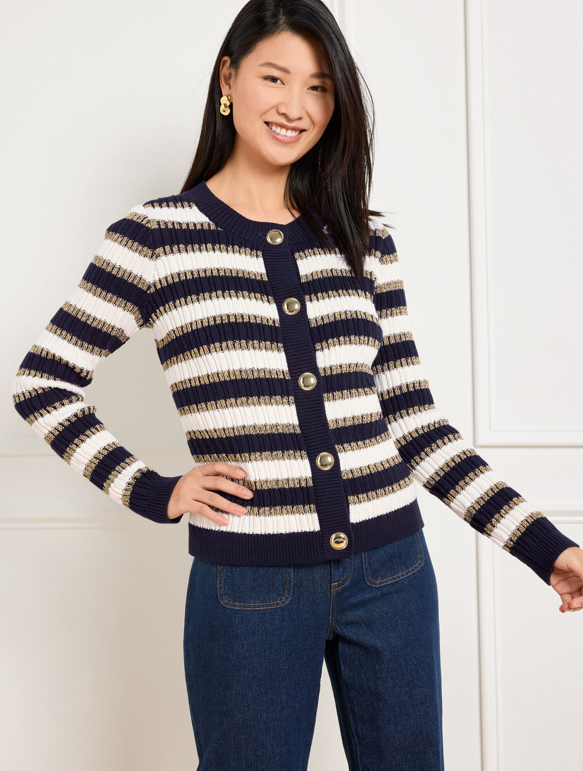 Talbots COMBED COTTON CREWNECK CARDIGAN - METALLIC STRIPE