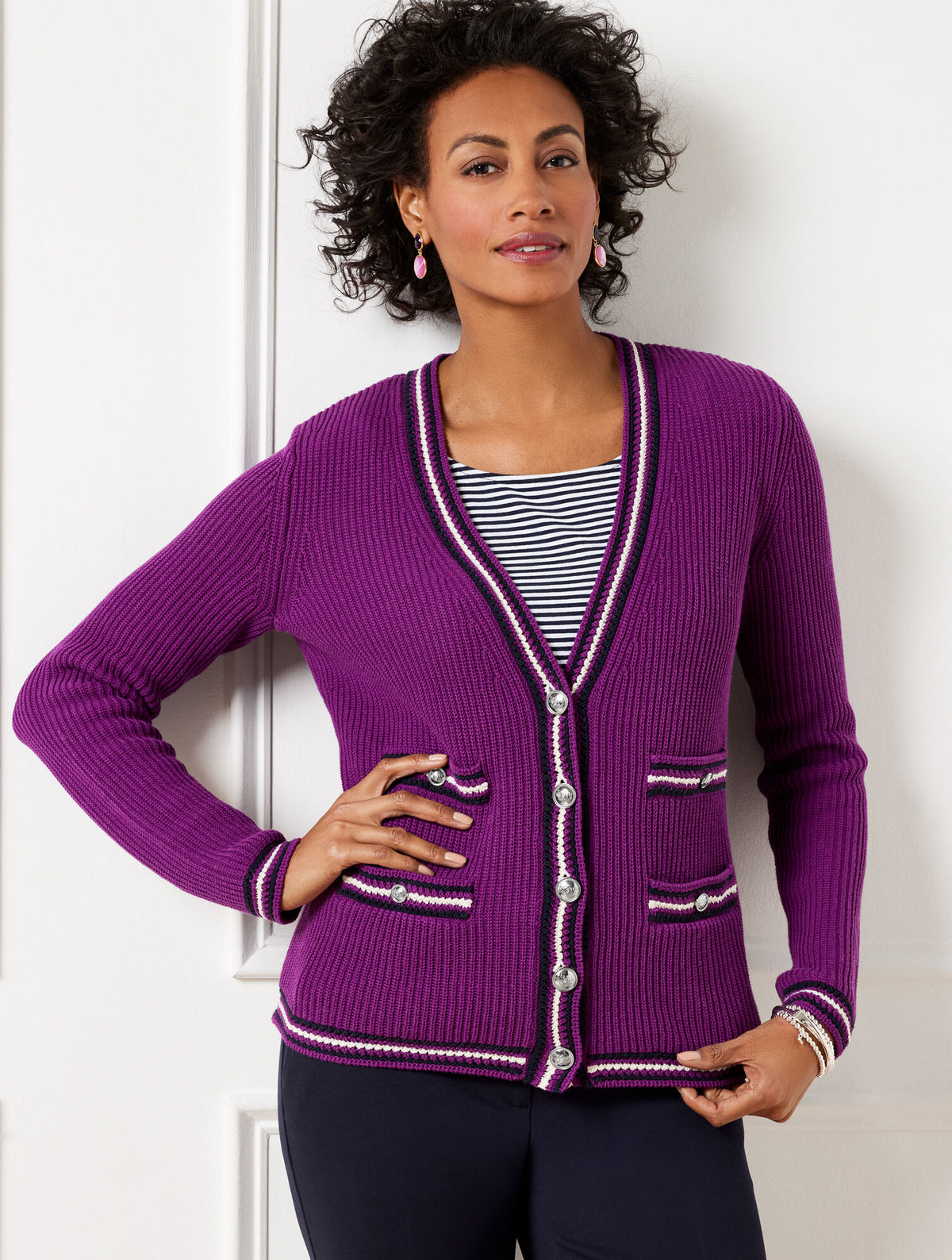 Talbots V-NECK CARDIGAN - TEXTURE STRIPE
