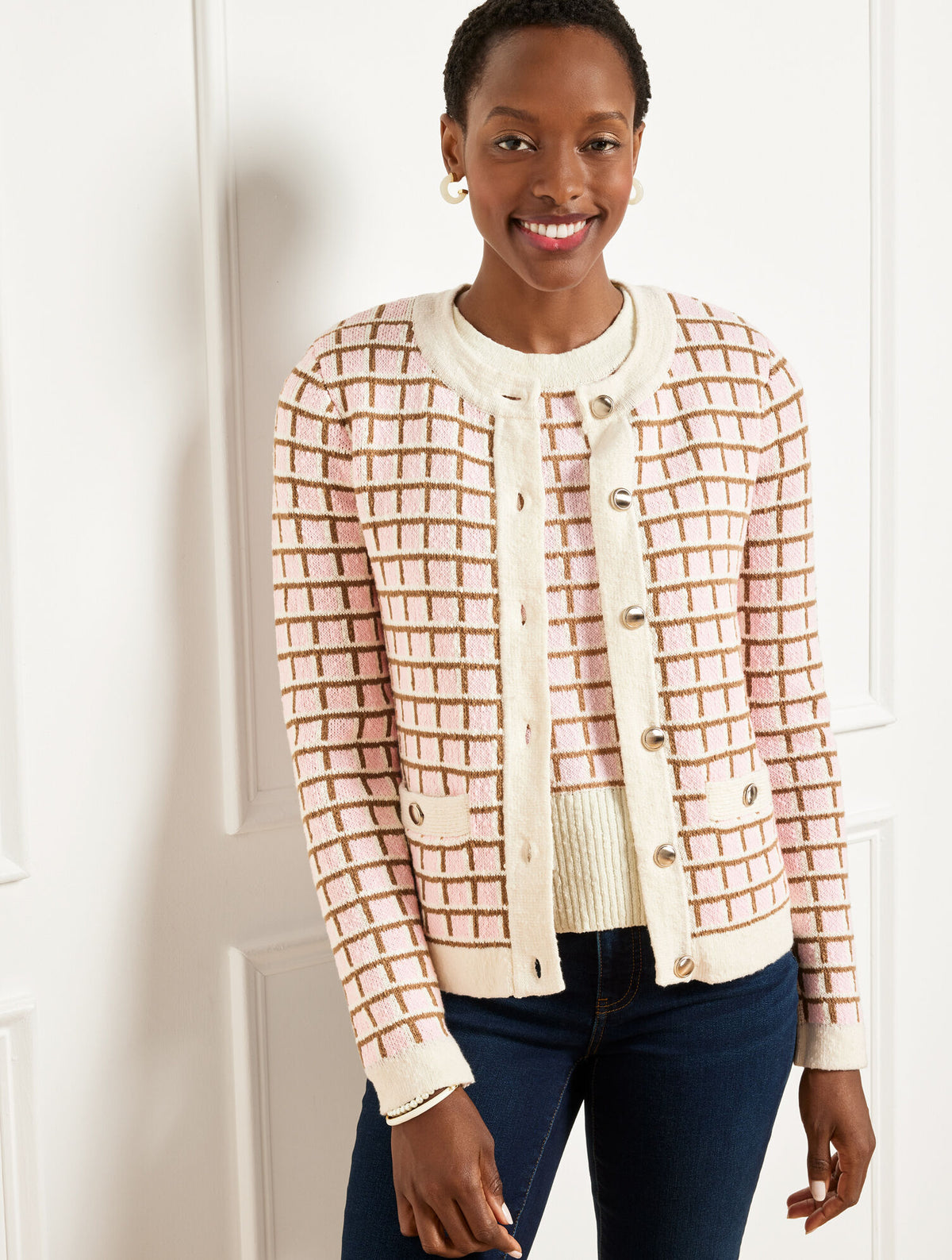 Talbots TEXTURED STITCH CREWNECK CARDIGAN - PLAID
