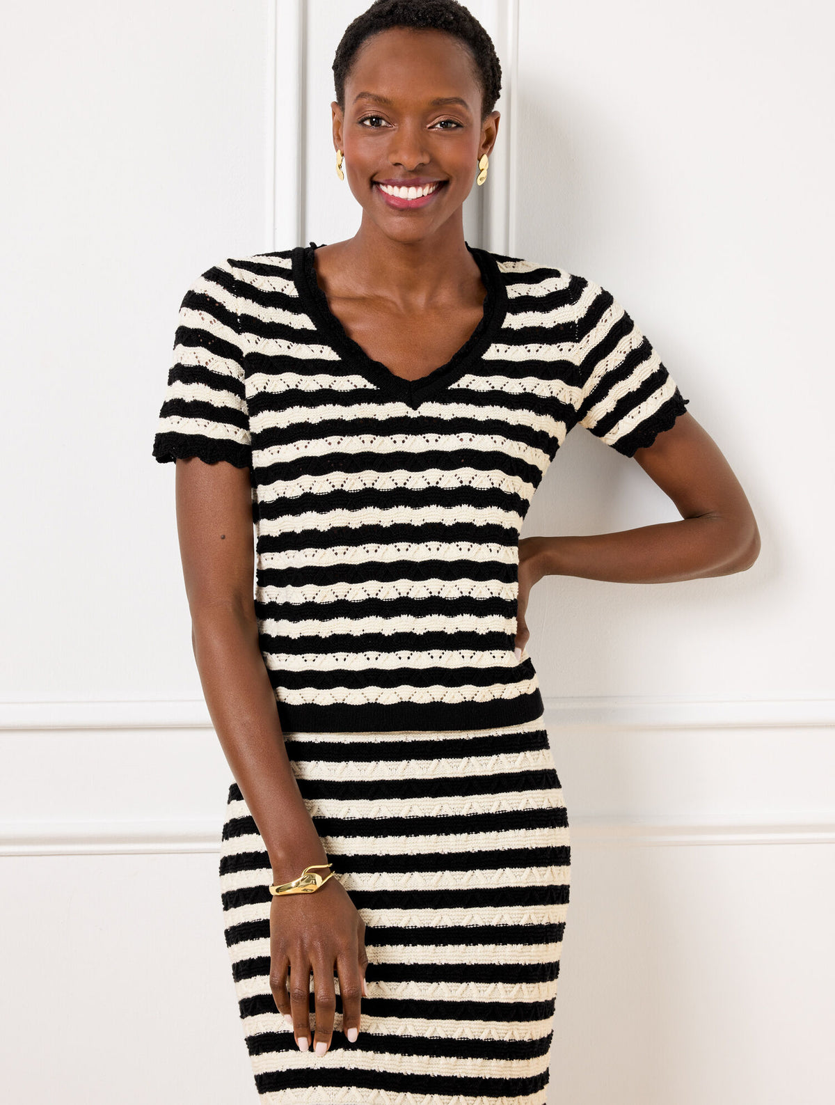 Talbots POINTELLE STRIPE SHORT SLEEVE SWEATER