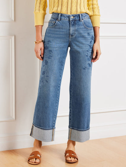 Talbots WIDE STRAIGHT ANKLE EMBROIDERED CUFF JEANS - BOTANICA WASH
