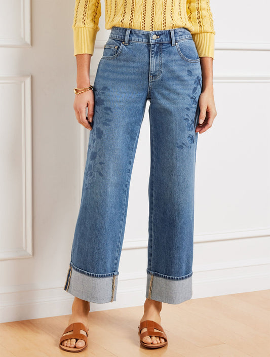 Talbots WIDE STRAIGHT ANKLE EMBROIDERED CUFF JEANS - BOTANICA WASH