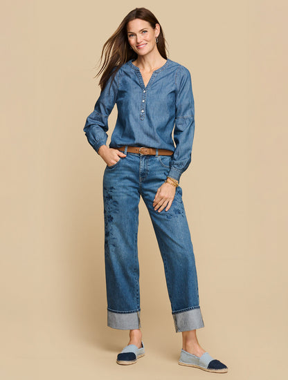Talbots WIDE STRAIGHT ANKLE EMBROIDERED CUFF JEANS - BOTANICA WASH