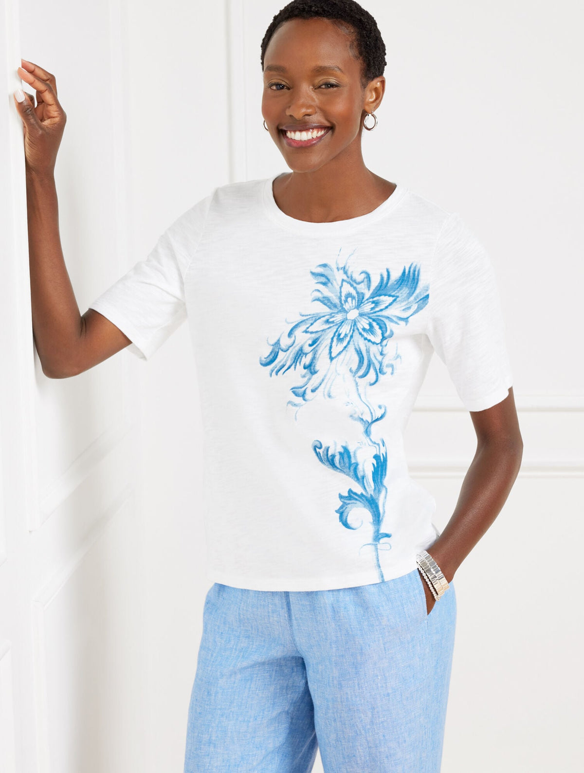 Talbots ELBOW SLEEVE CREWNECK TEE - OCEAN FLORA