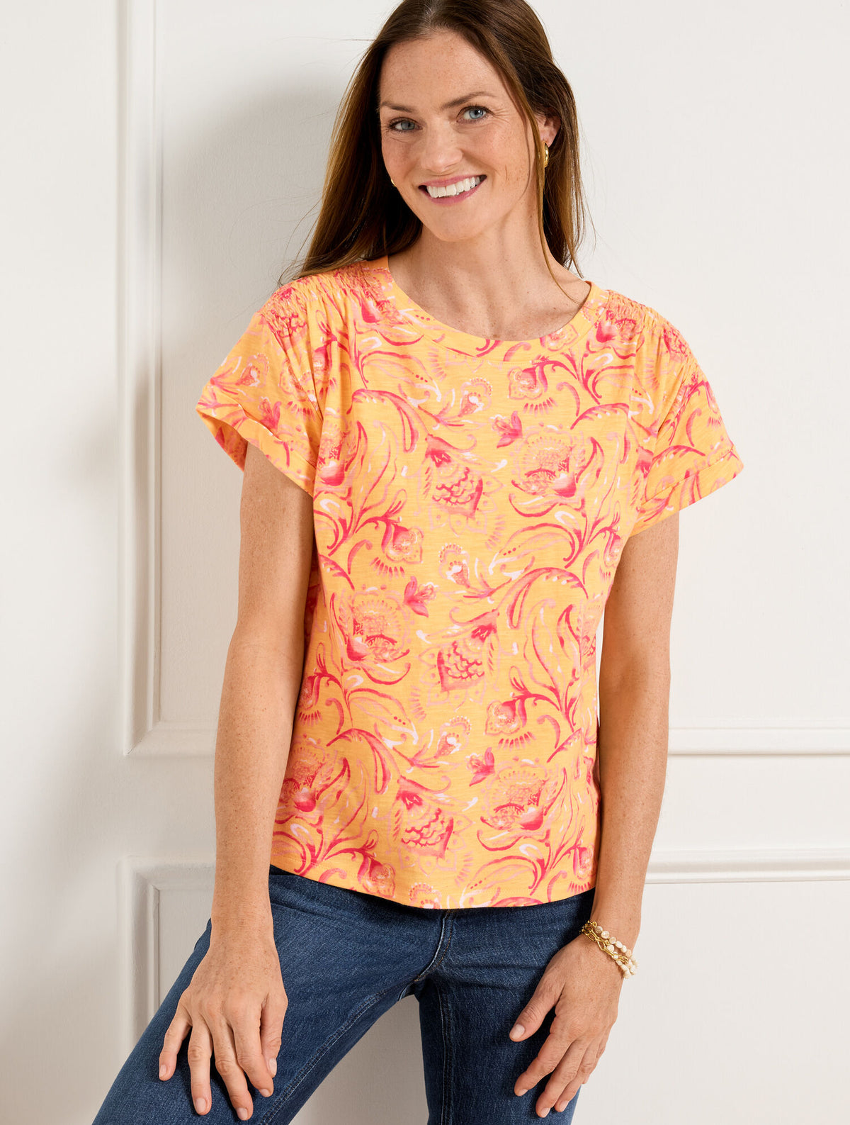 Talbots SMOCKED SHOULDER CREWNECK TEE - JACOBEAN FANTASIA