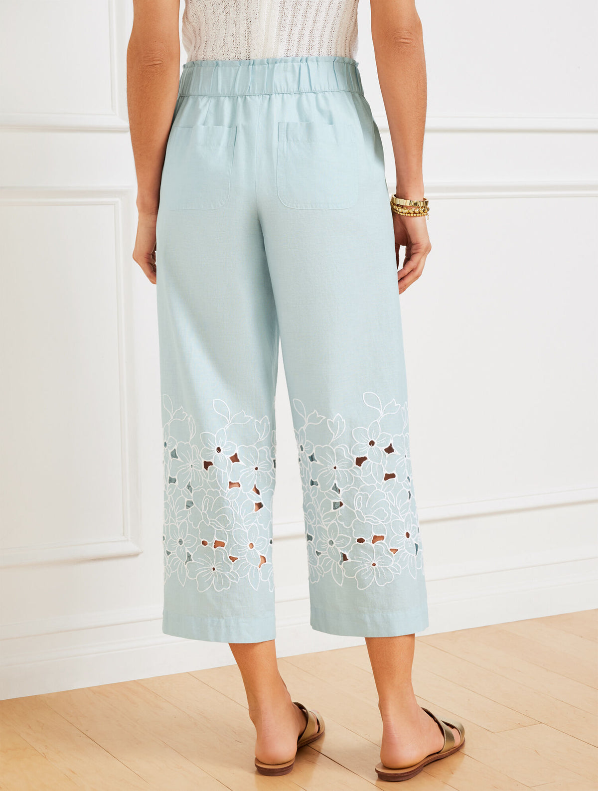 Talbots WIDE CROP PULL-ON EMBROIDERED WASHED LINEN PANTS