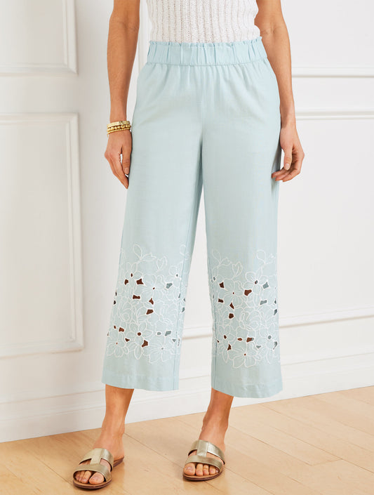 Talbots WIDE CROP PULL-ON EMBROIDERED WASHED LINEN PANTS