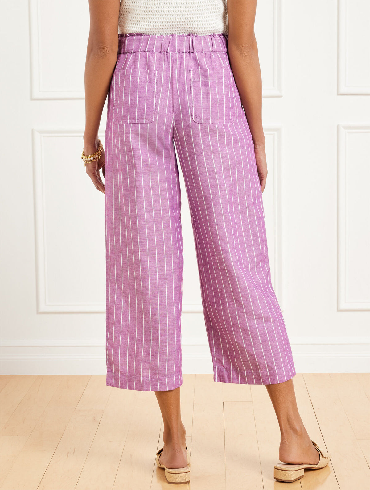 Talbots WIDE CROP WASHED LINEN PULL-ON PANTS - RIVIERA STRIPE