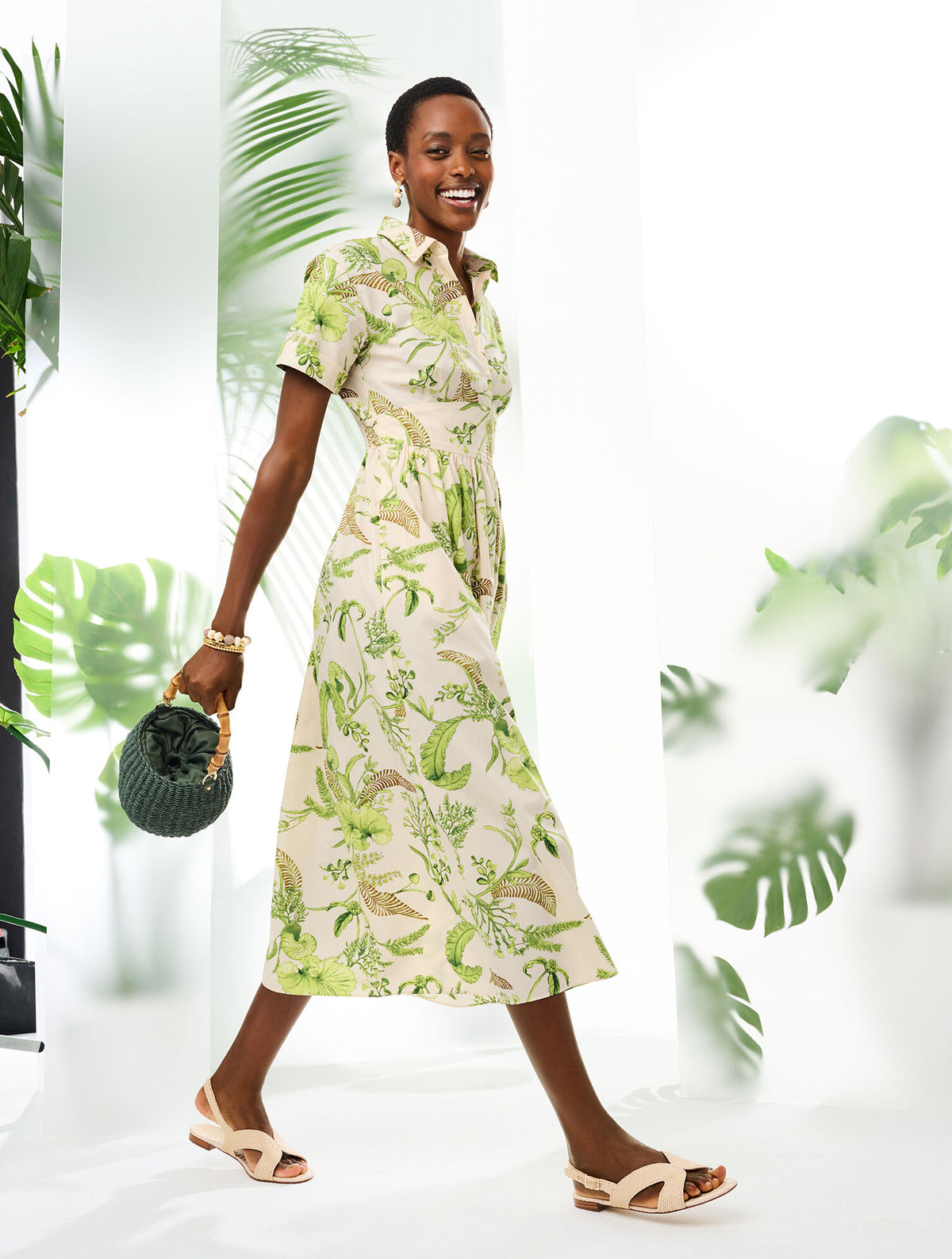 Talbots MODERN POPLIN SMOCKED MIDI DRESS - BRANCHING FLORAL