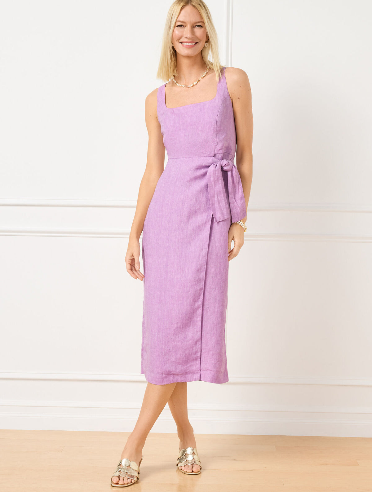 Talbots SQUARE NECK WRAP LINEN DRESS - CROSS DYED