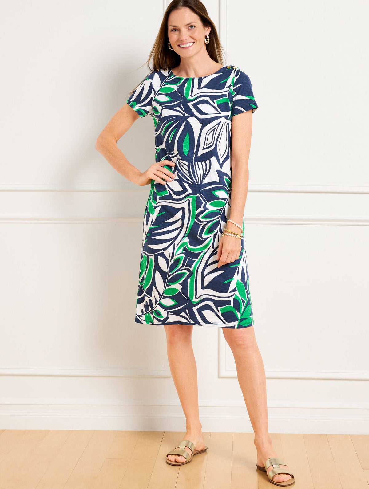 Talbots NANTUCKET SLUB SHORT SLEEVE SHIFT DRESS - EXPRESSIVE PALMS