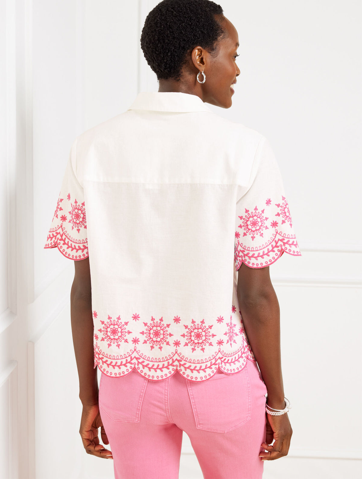 Talbots EMBROIDERED LINEN COTTON SHORT SHIRT - SCALLOP MEDALLION