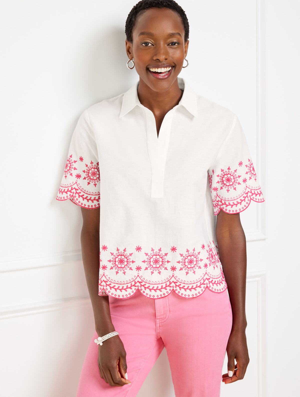 Talbots EMBROIDERED LINEN COTTON SHORT SHIRT - SCALLOP MEDALLION