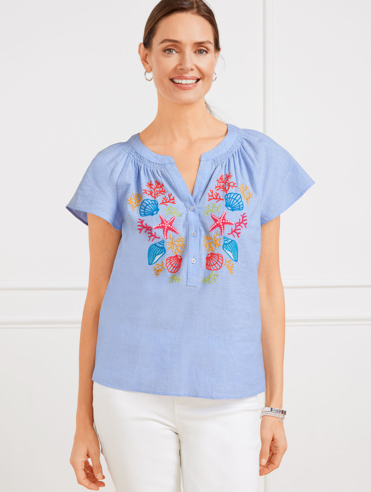 Talbots LINEN COTTON TOP - EMBROIDERED SEASHELL