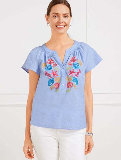 Talbots LINEN COTTON TOP - EMBROIDERED SEASHELL