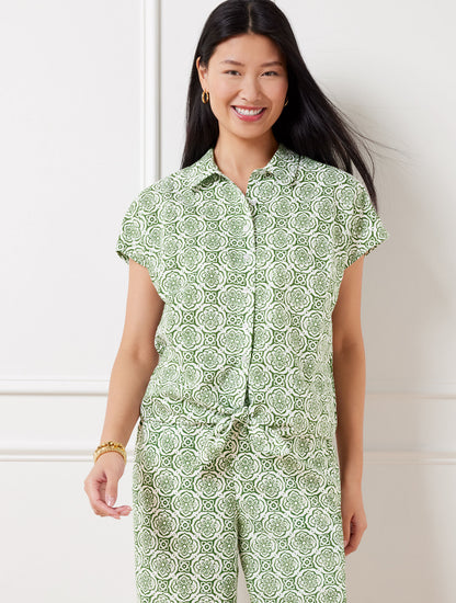 Talbots TIE HEM BUTTON FRONT LINEN TOP - PRETTY MEDALLION