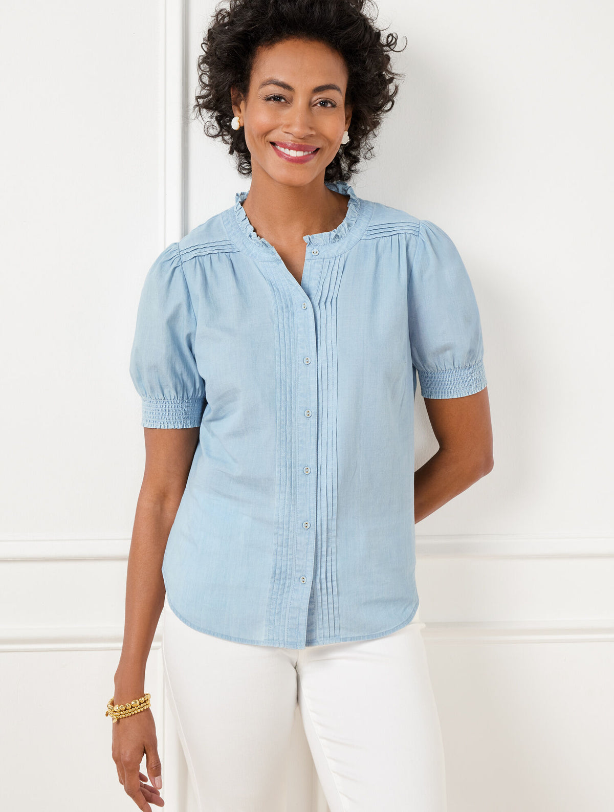 Talbots STITCH PLEAT CHAMBRAY TOP